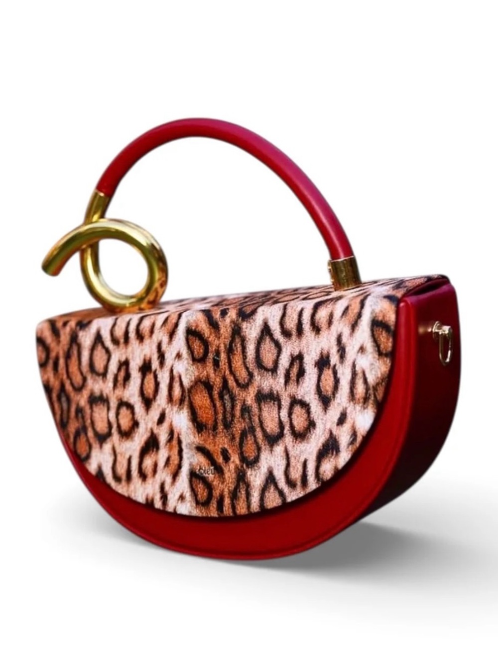 NWOT Bleu Structured Half-Moon Crescent Leopard Red Handbag